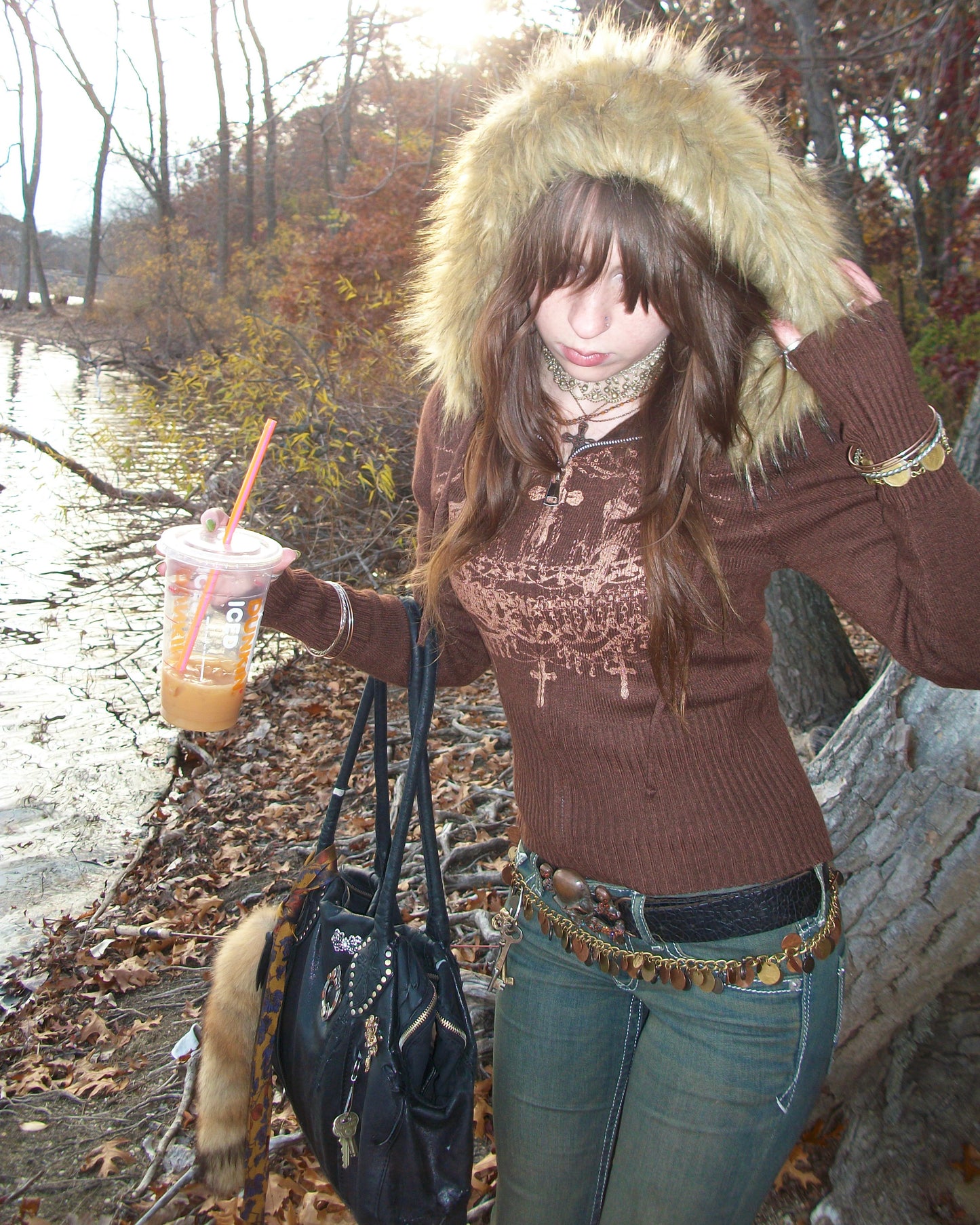 worshipped fur hood fitted knit zip up - chocolate