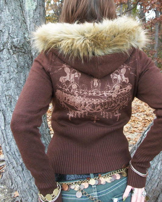 worshipped fur hood fitted knit zip up - chocolate