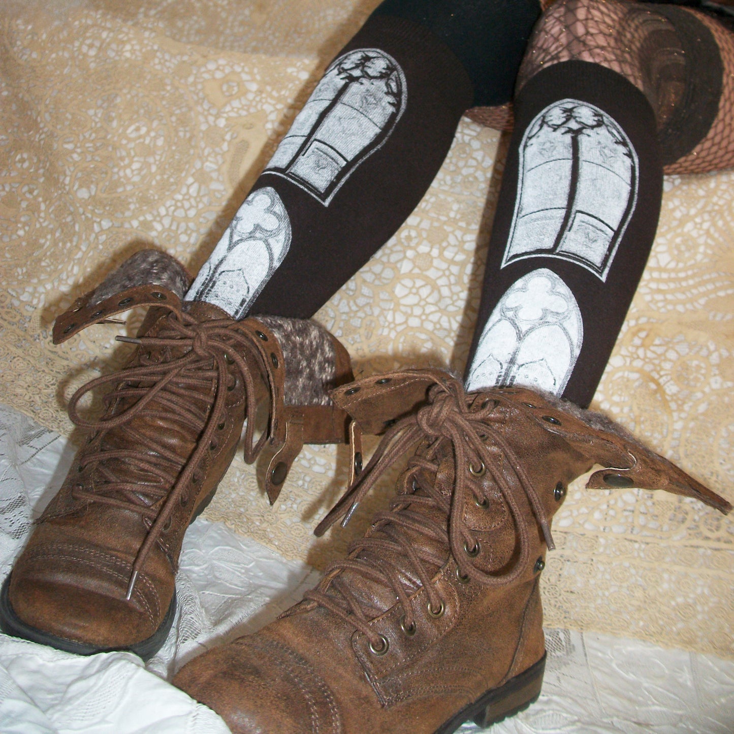 gothic window knee socks - brown
