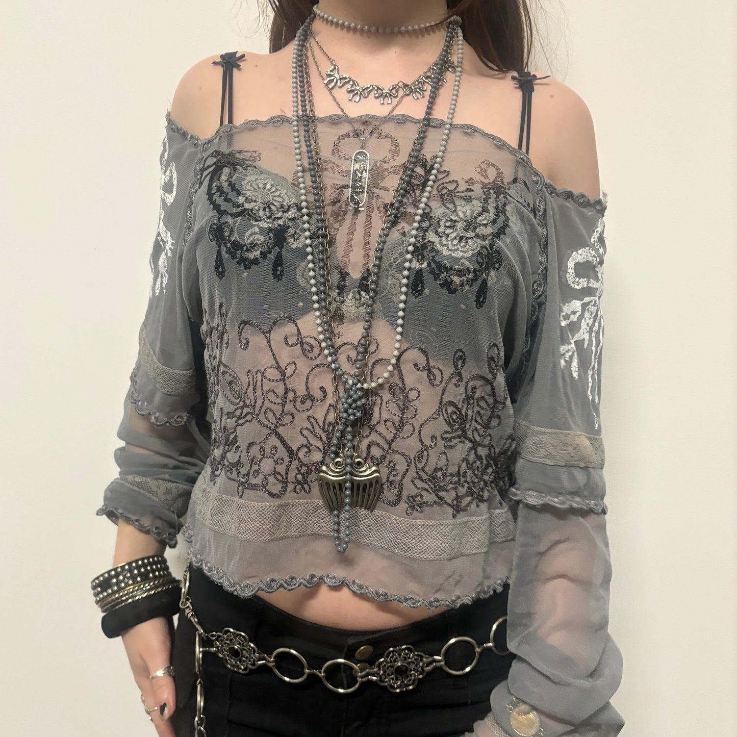 whimsy mesh embroidered bow print top