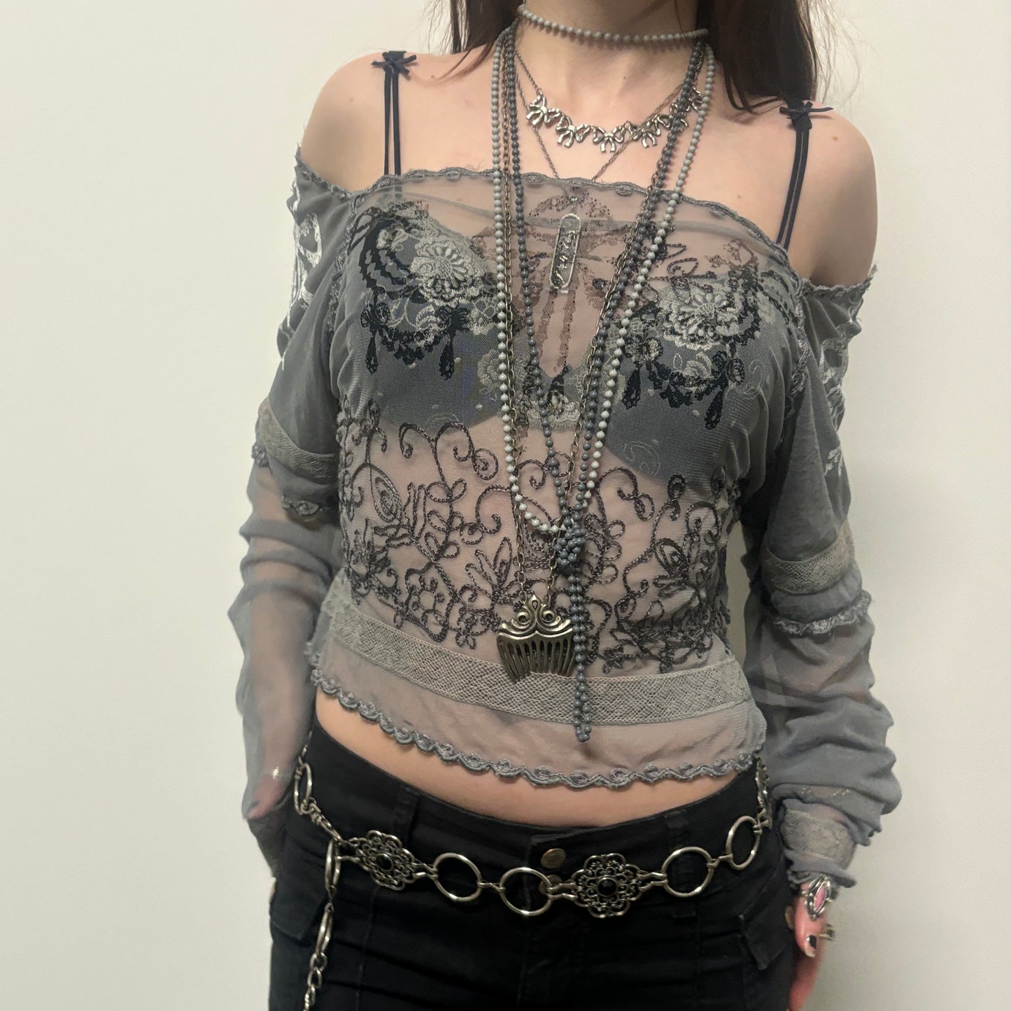whimsy mesh embroidered bow print top