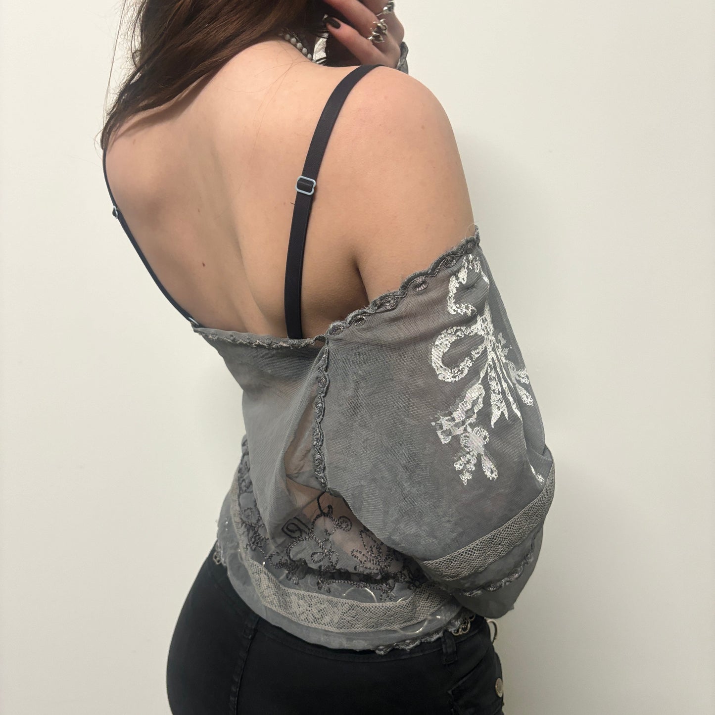 whimsy mesh embroidered bow print top