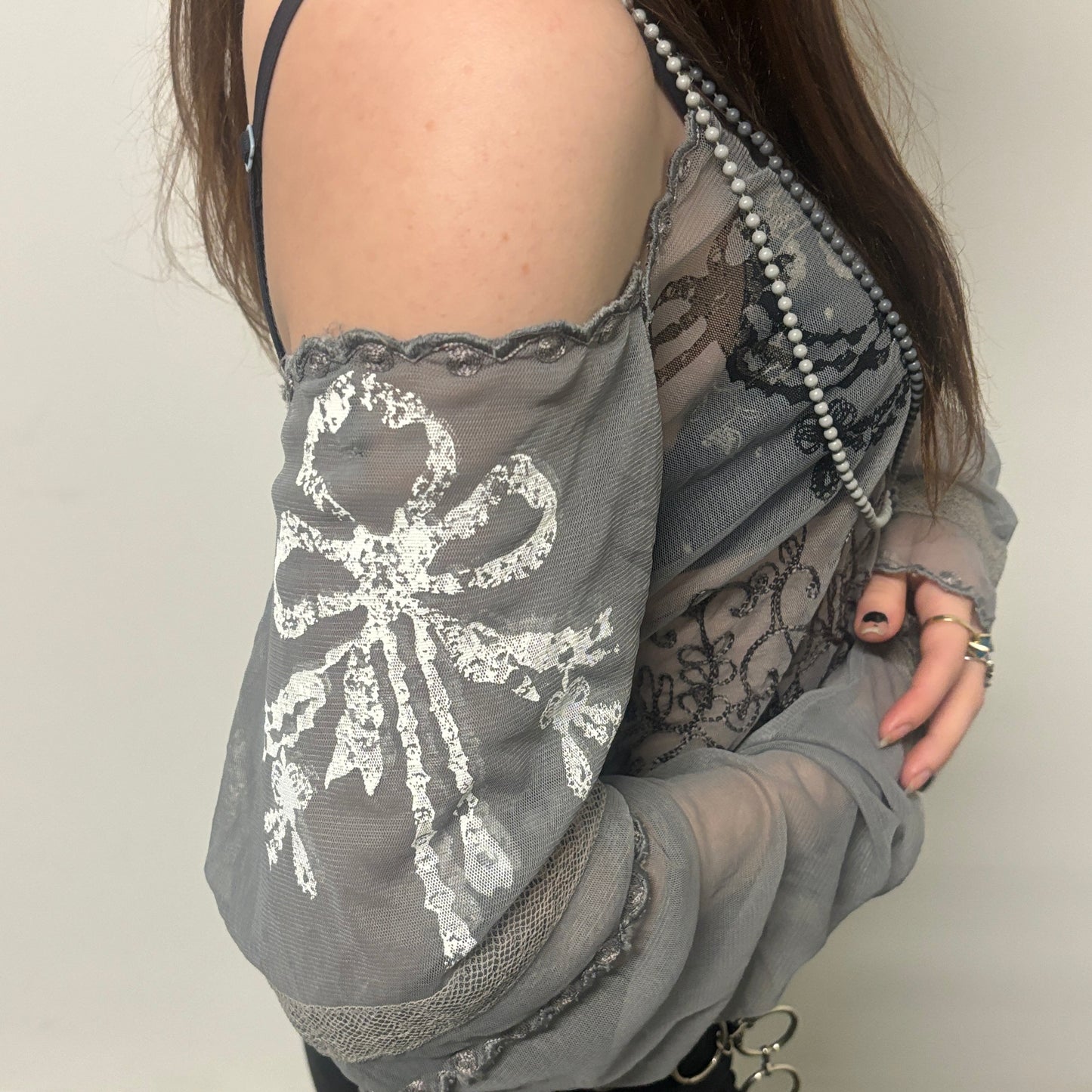 whimsy mesh embroidered bow print top