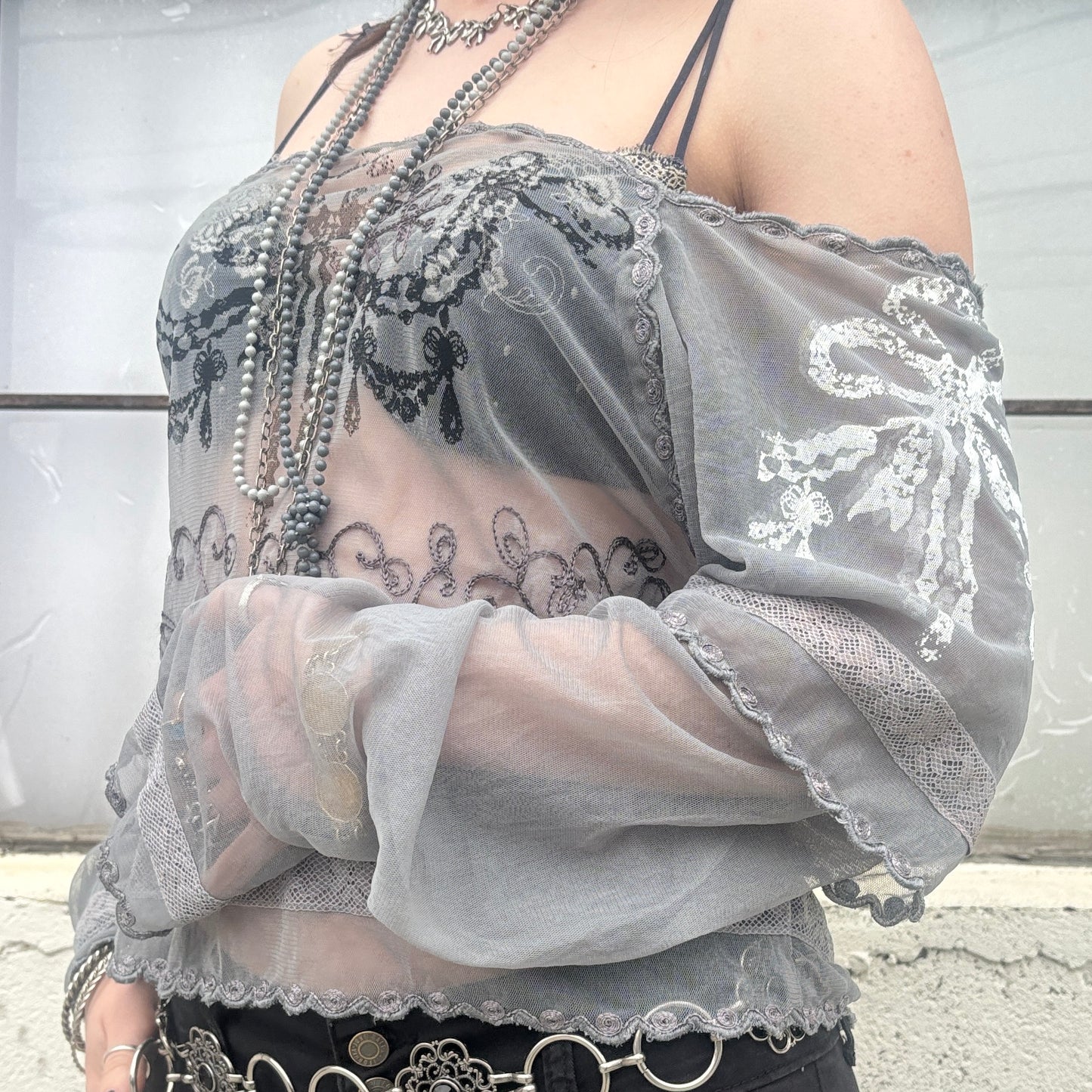 whimsy mesh embroidered bow print top