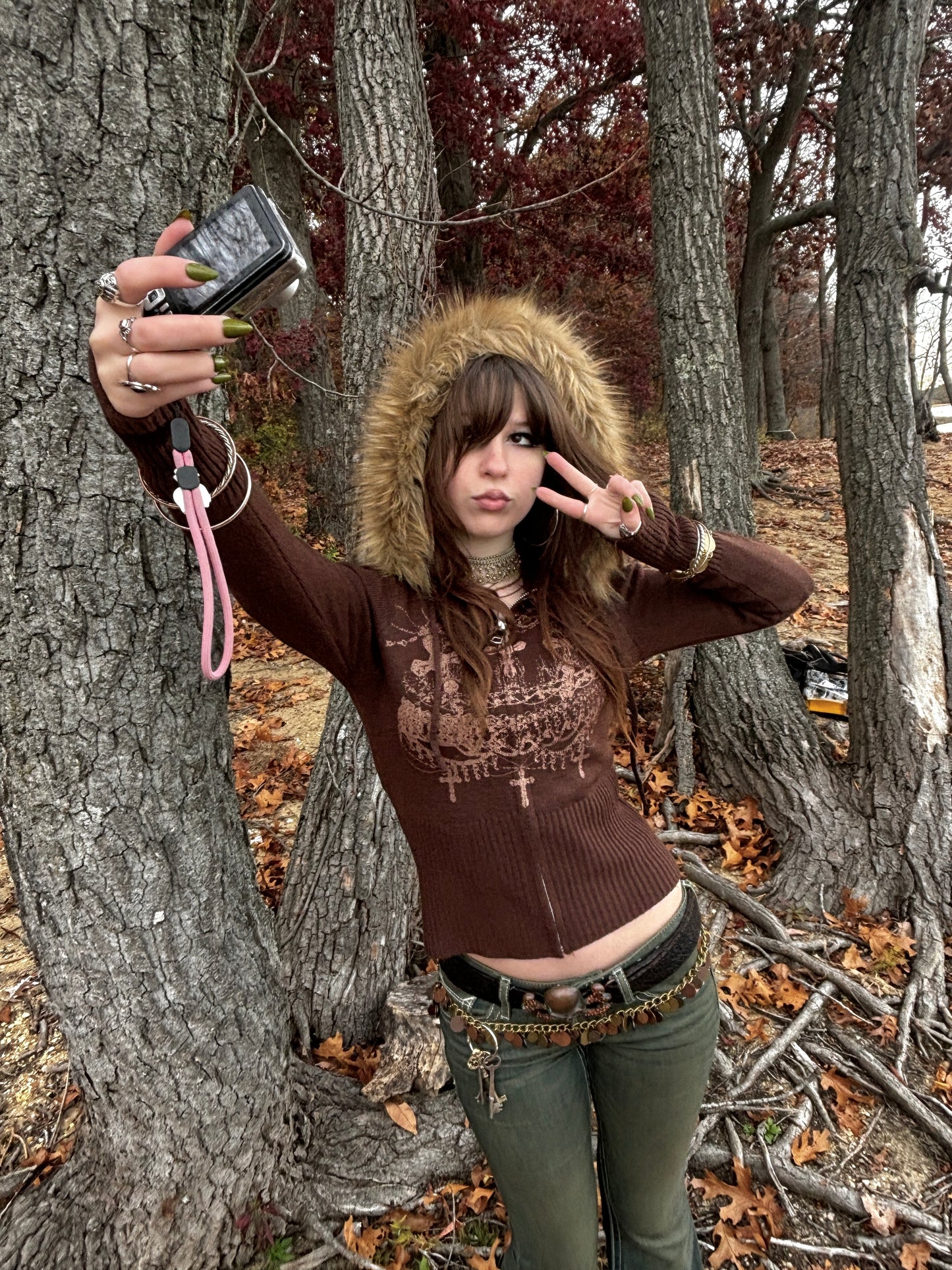 worshipped fur hood fitted knit zip up - chocolate