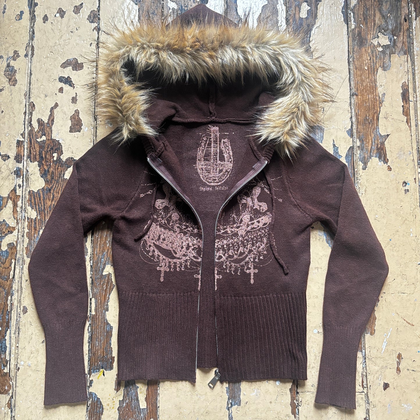 worshipped fur hood fitted knit zip up - chocolate