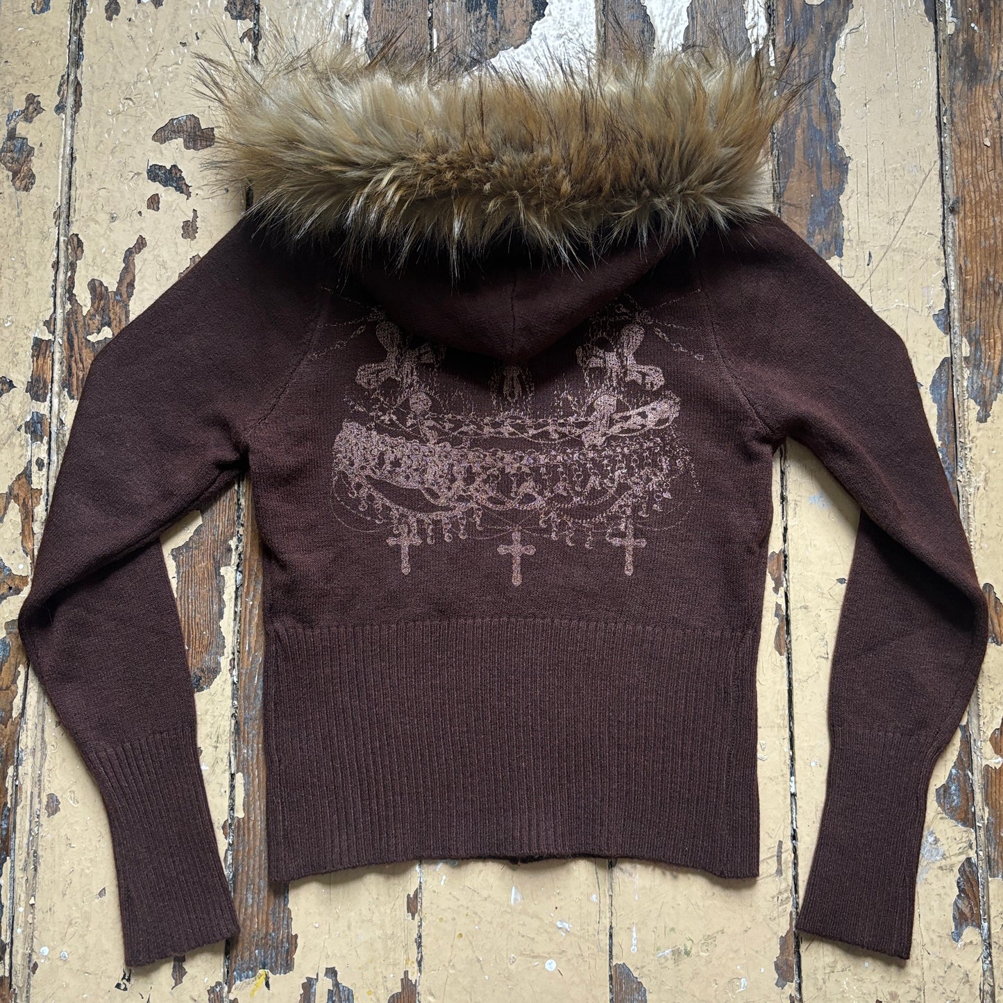 worshipped fur hood fitted knit zip up - chocolate