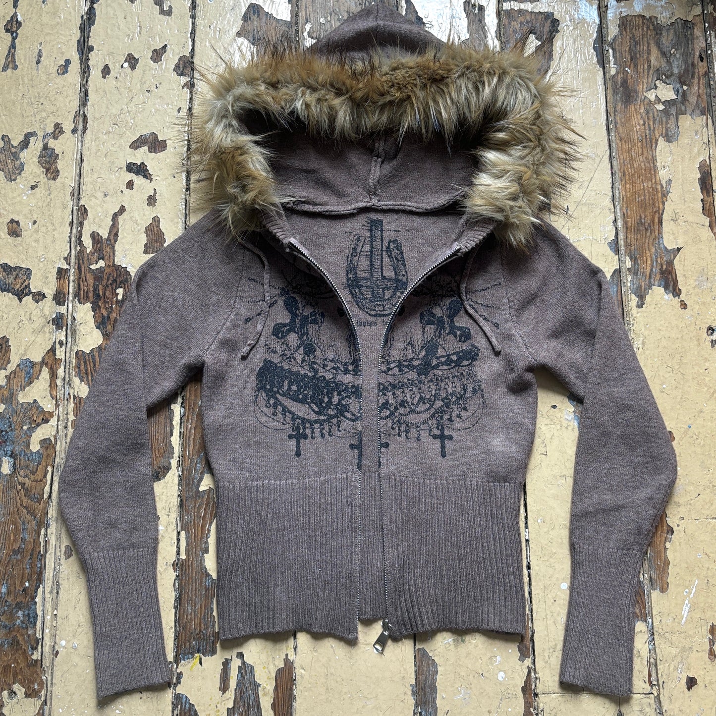 worshipped fur hood fitted knit zip up - taupe