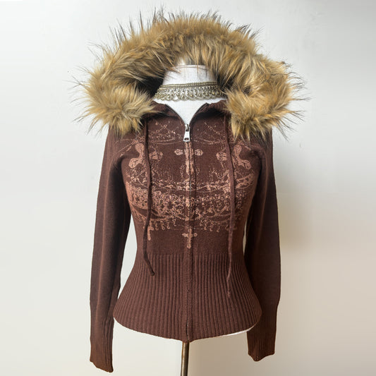 worshipped fur hood fitted knit zip up - chocolate