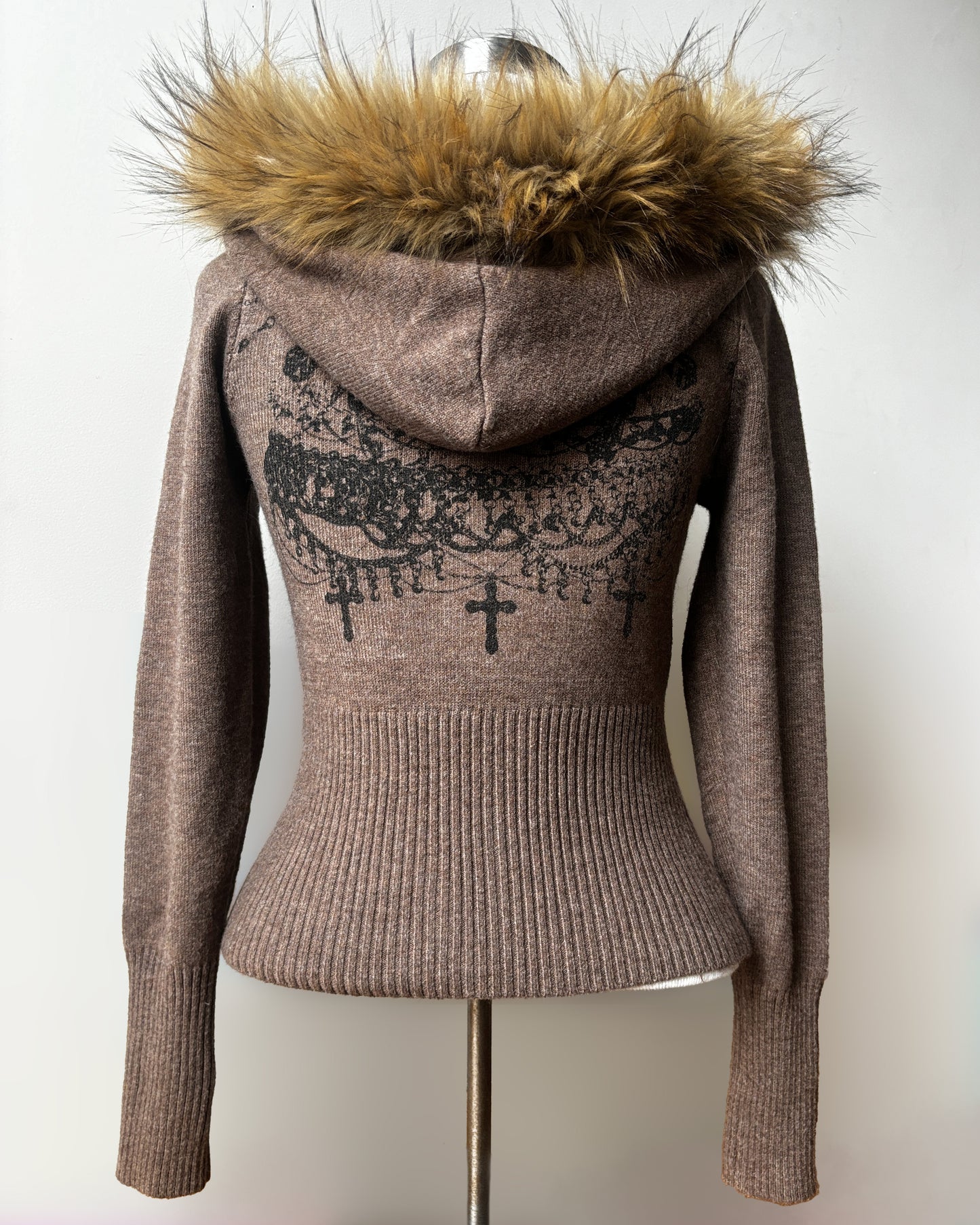 worshipped fur hood fitted knit zip up - taupe