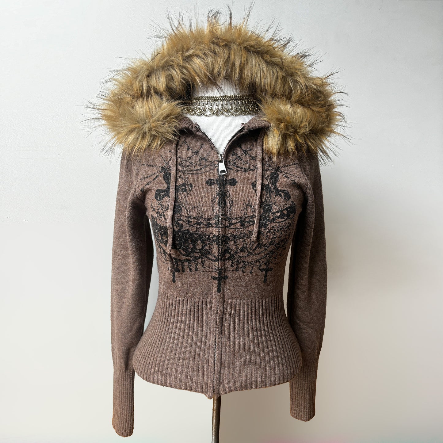 worshipped fur hood fitted knit zip up - taupe