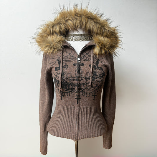 worshipped fur hood fitted knit zip up - taupe